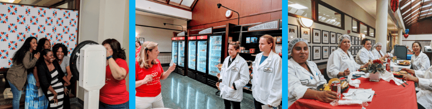 Three scenes at World's Finest Chocolate: a group of women smiling for a photo, employees in lab coats touring a facility, and staff enjoying a meal together at a decorated table