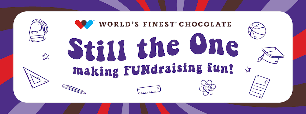 Banner with World's Finest Chocolate logo, the text 'Still the One making FUNdraising fun!', and playful school-themed doodles like a backpack, basketball, graduation cap, ruler, and science icons on a purple and red background